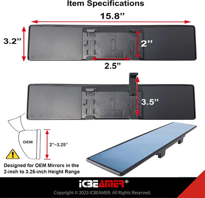 11.8" ICBEAMER Clip On Rear View Mirror | Convex Blue Tint Glass, Panoramic Wide Angle HD Glass, Anti Glare, Universal Fit for Car, SUV, Truck | Eliminates Blind Spots (1 Pack)