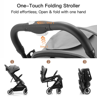 Gromast Compact Fold Baby Stroller, Lightweight Travel Toddler Stroller with One-Click Fold, Extendable UPF50+ Canopy, Cup Holder, UV Protected and Waterproof, One-Hand Folding - Blue