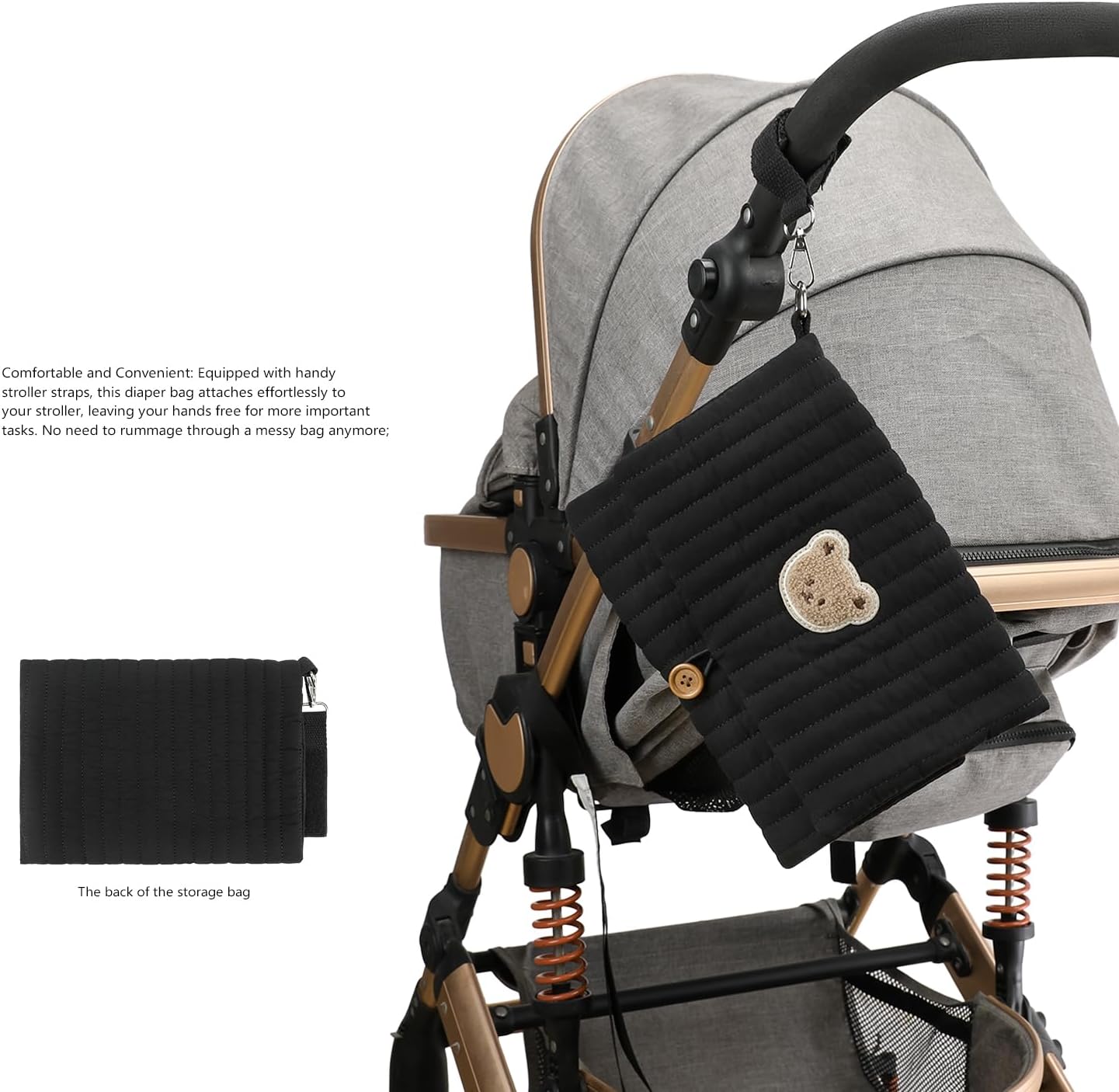 MOMIGO Baby Diaper Bag Organizer Pouches - Waterproof Pod Foldable Diaper Organizer Set, Cute Bear Bag Gift for Baby Shower (Black)