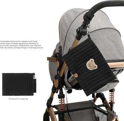 MOMIGO Baby Diaper Bag Organizer Pouches - Waterproof Pod Foldable Diaper Organizer Set, Cute Bear Bag Gift for Baby Shower (Black)