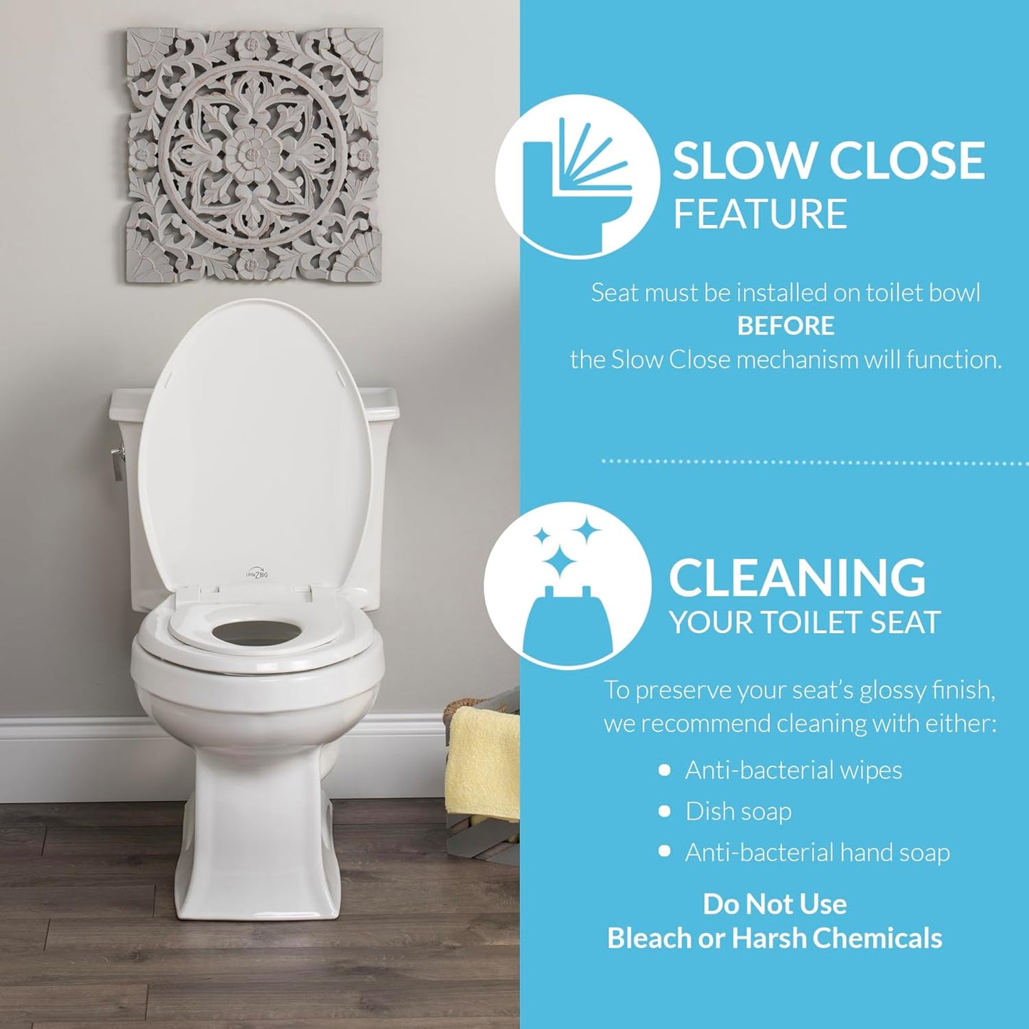 Little2Big Toilet Seat with Built-In Toddler Potty Training Seat, Slow Close, Easy to Install, Made in USA, ROUND, White
