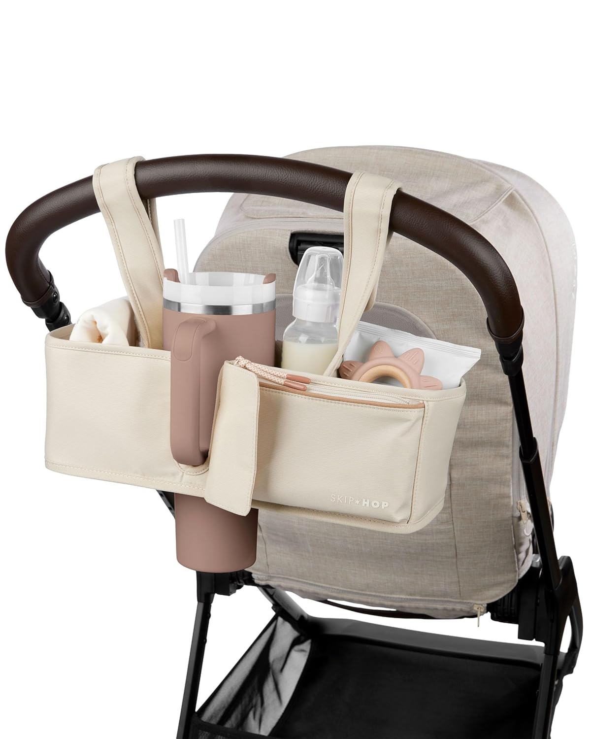 Skip Hop Ultimate Stroller Organizer Universal Fit with Adjustable Straps, Magnetic Flaps and Convertible Design That fits 40 oz. Tumblers, Oat