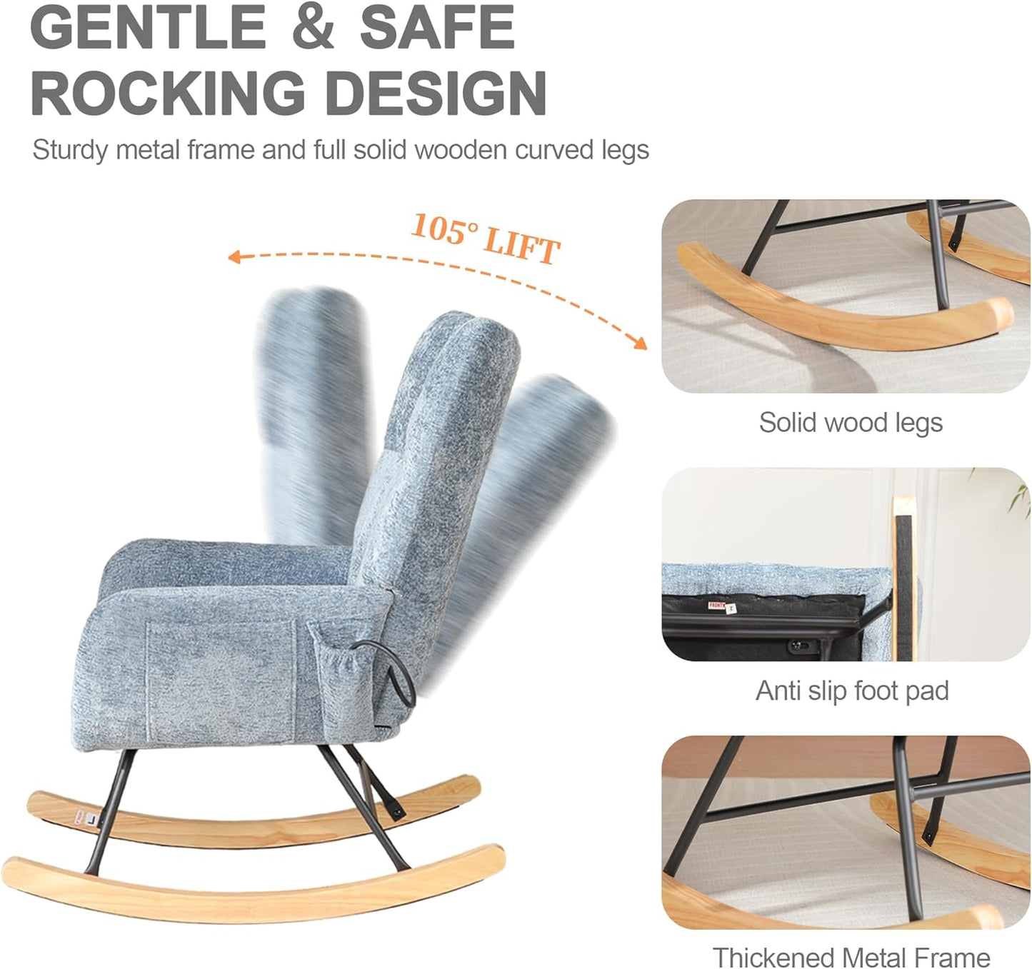 Rocking Chair Nursery with Airbag, Comfy Modern Nursery Rocking Reading Chair indoor with Footrest, Cozy Upholstered Glider Rocker Chairs for Living Room Bedroom Offices(Chenille, Dark Grey)