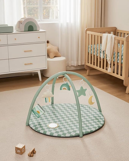Blissful Diary Baby Play Gym Mat, Play Mat Activity Mat with 6 Detachable Toys for Stage-Based Sensory & Motor Skill Development, Easy to Install & Clean, Baby Essentials Gift, Sage Checkerboard