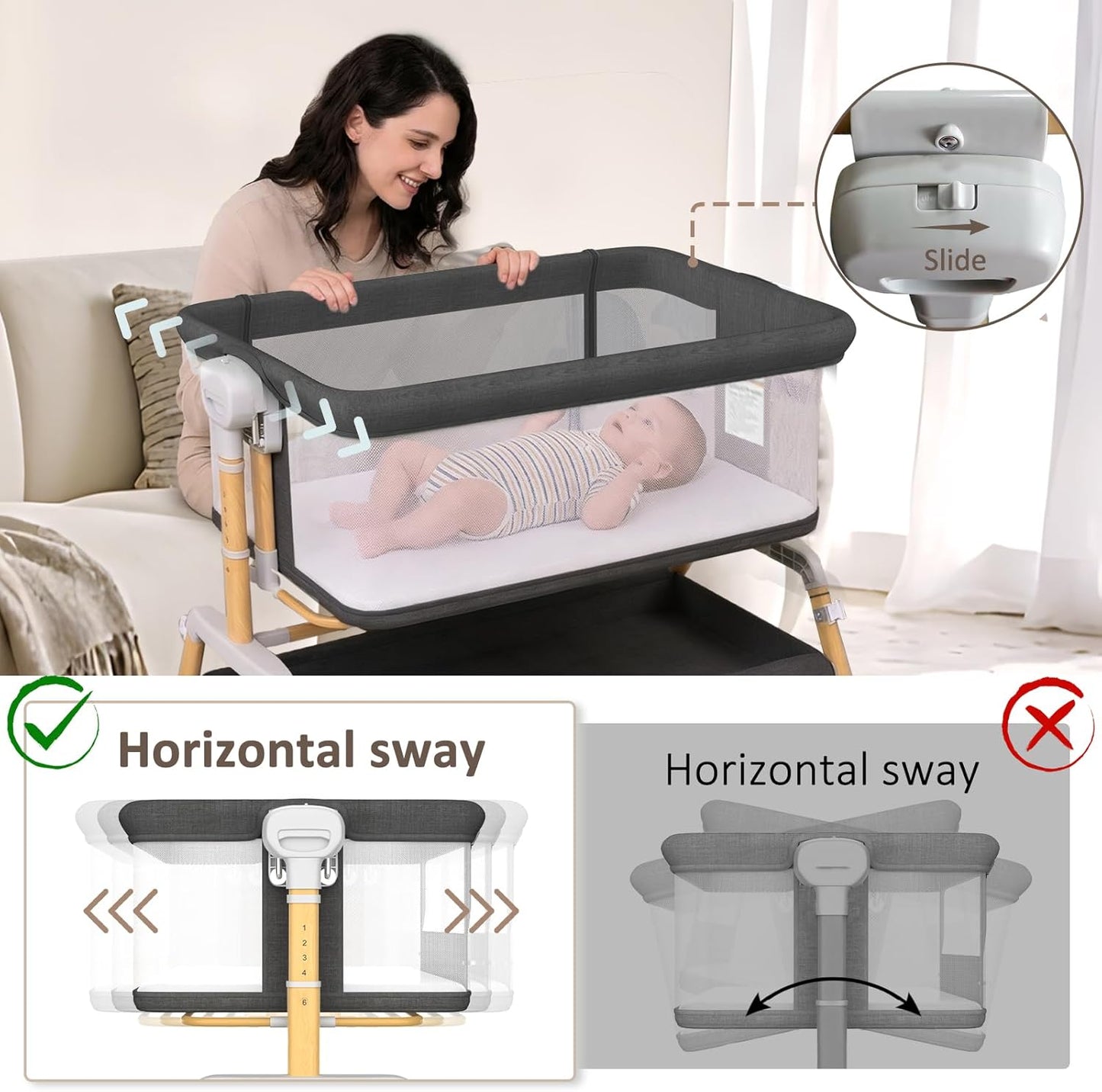 3 in 1 Baby Bassinet, Bedside Sleeper for Newborn, 7-Level Height Adjustable, Rocking Design with Breathable Mesh, Lockable Wheels & Large Storage Space, Portable Baby Crib（Dark Gray）