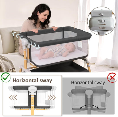 3 in 1 Baby Bassinet, Bedside Sleeper for Newborn, 7-Level Height Adjustable, Rocking Design with Breathable Mesh, Lockable Wheels & Large Storage Space, Portable Baby Crib（Dark Gray）