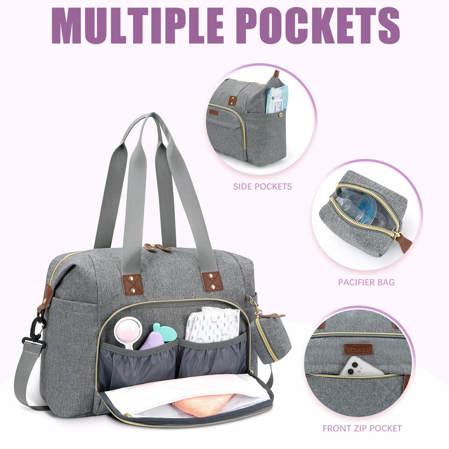 Tuwubi Diaper Bag Tote,Baby Diaper Bag with Pacifier Case Large Travel Diaper Tote Caddy for Mom and Dad Multifunction Large Baby Bag - M-Pink