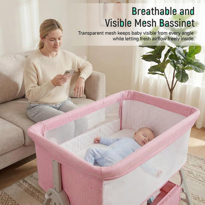 Cowiewie Bassinet Bedside Sleeper,3-in-1 Baby Bassinet with Mattress & Wheels,Easy Folding Portable Bedside Bassinet for Baby with Storage & Travel Bag,Breathable Mesh,Stable & Secure,Beige