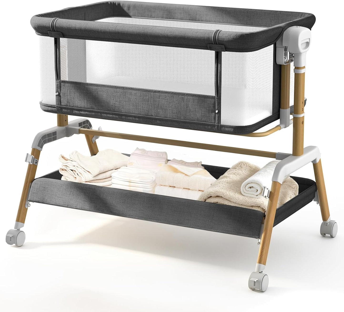 3 in 1 Baby Bassinet, Bedside Sleeper for Newborn, 7-Level Height Adjustable, Rocking Design with Breathable Mesh, Lockable Wheels & Large Storage Space, Portable Baby Crib（Dark Gray）