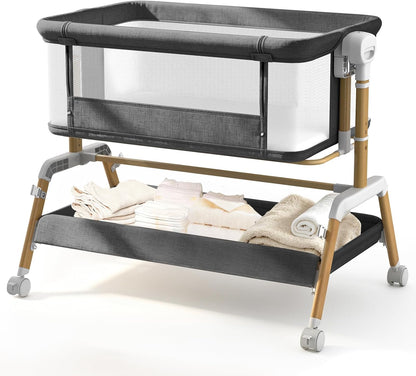 3 in 1 Baby Bassinet, Bedside Sleeper for Newborn, 7-Level Height Adjustable, Rocking Design with Breathable Mesh, Lockable Wheels & Large Storage Space, Portable Baby Crib（Dark Gray）