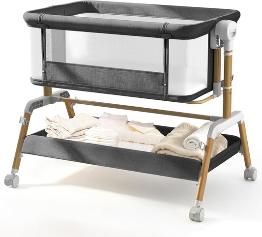 3 in 1 Baby Bassinet, Bedside Sleeper for Newborn, 7-Level Height Adjustable, Rocking Design with Breathable Mesh, Lockable Wheels & Large Storage Space, Portable Baby Crib（Dark Gray）