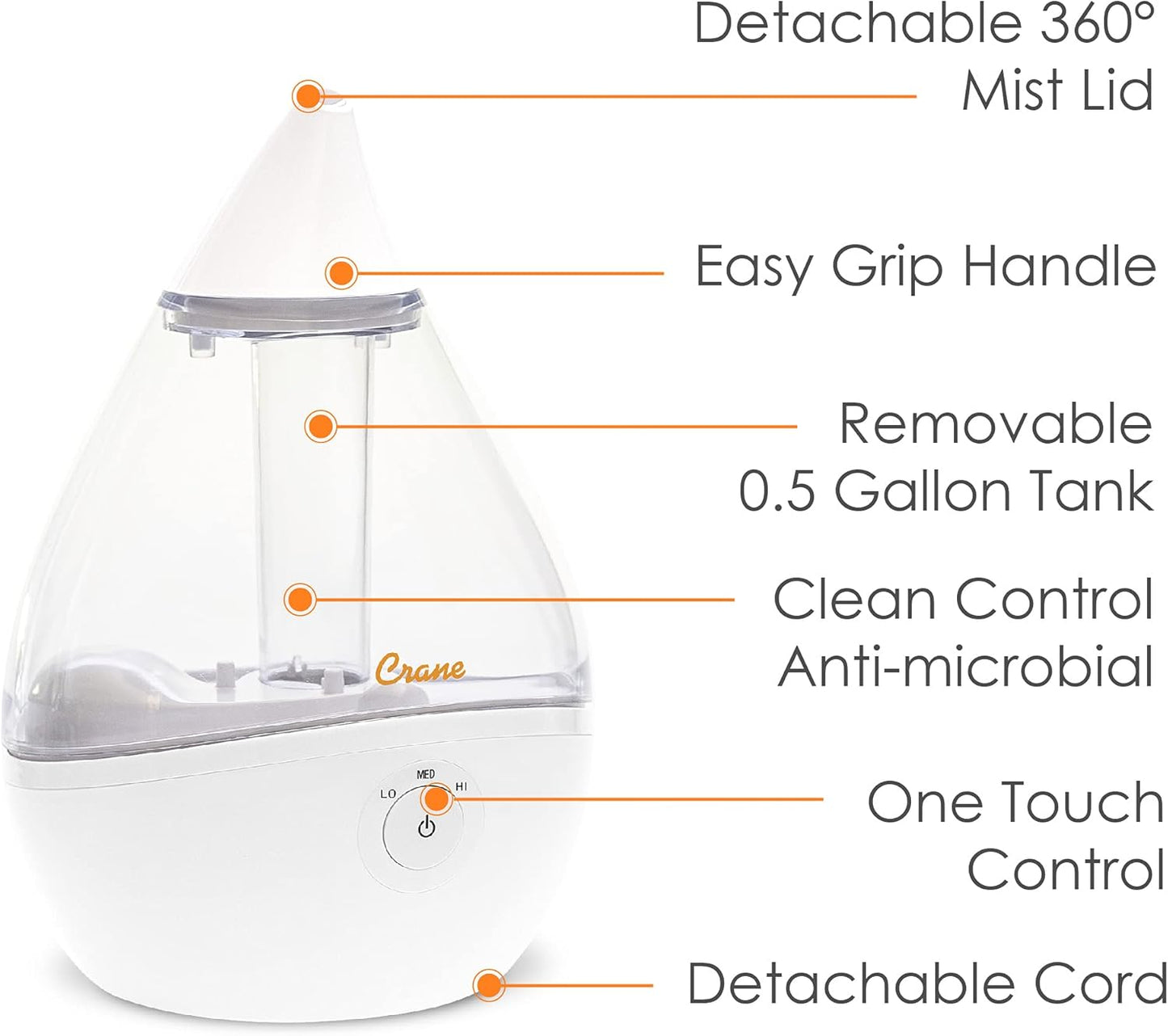 Crane Droplet Ultrasonic Small Air Humidifiers for Bedroom and Office, 0.5 Gallon Cool Mist Humidifier for Plants and Home, Humidifier Filters Optional, White