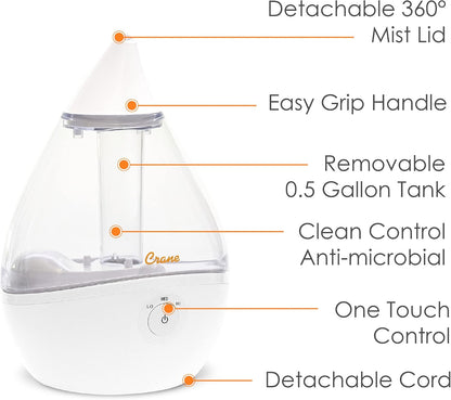 Crane Droplet Ultrasonic Small Air Humidifiers for Bedroom and Office, 0.5 Gallon Cool Mist Humidifier for Plants and Home, Humidifier Filters Optional, White