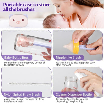 VOOWO Baby Bottle Brush & Drying Rack, Portable Travel Kit - Silicone Bottle & Nipple Brush Set, Straw Cleaner (Purple)
