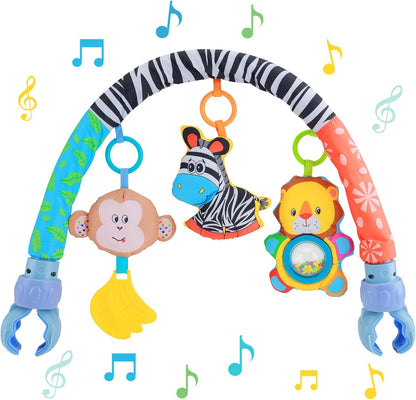 Baby Activity Stroller Arch Toys,Car Seat Toys for Adjustable Bouncer Arch Crib Bassinet Hanging Toys Mobile Clip on Stroller Developing Motor Infants Toddlers Skills with Rattle,Mirror,Teether Gift