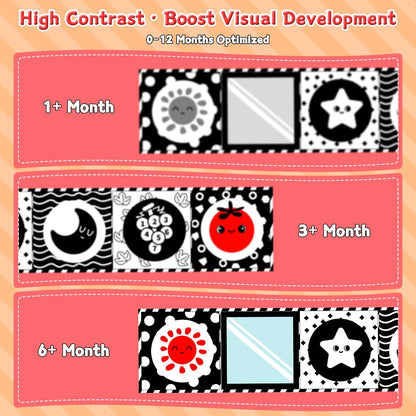 High Contrast Baby Toys for Newborn – Black White Tummy Time Mirror Toy, Crinkle Sensory Baby Book 0-6 Months for Newborns, Attach to Crib/Stroller/Car Seat