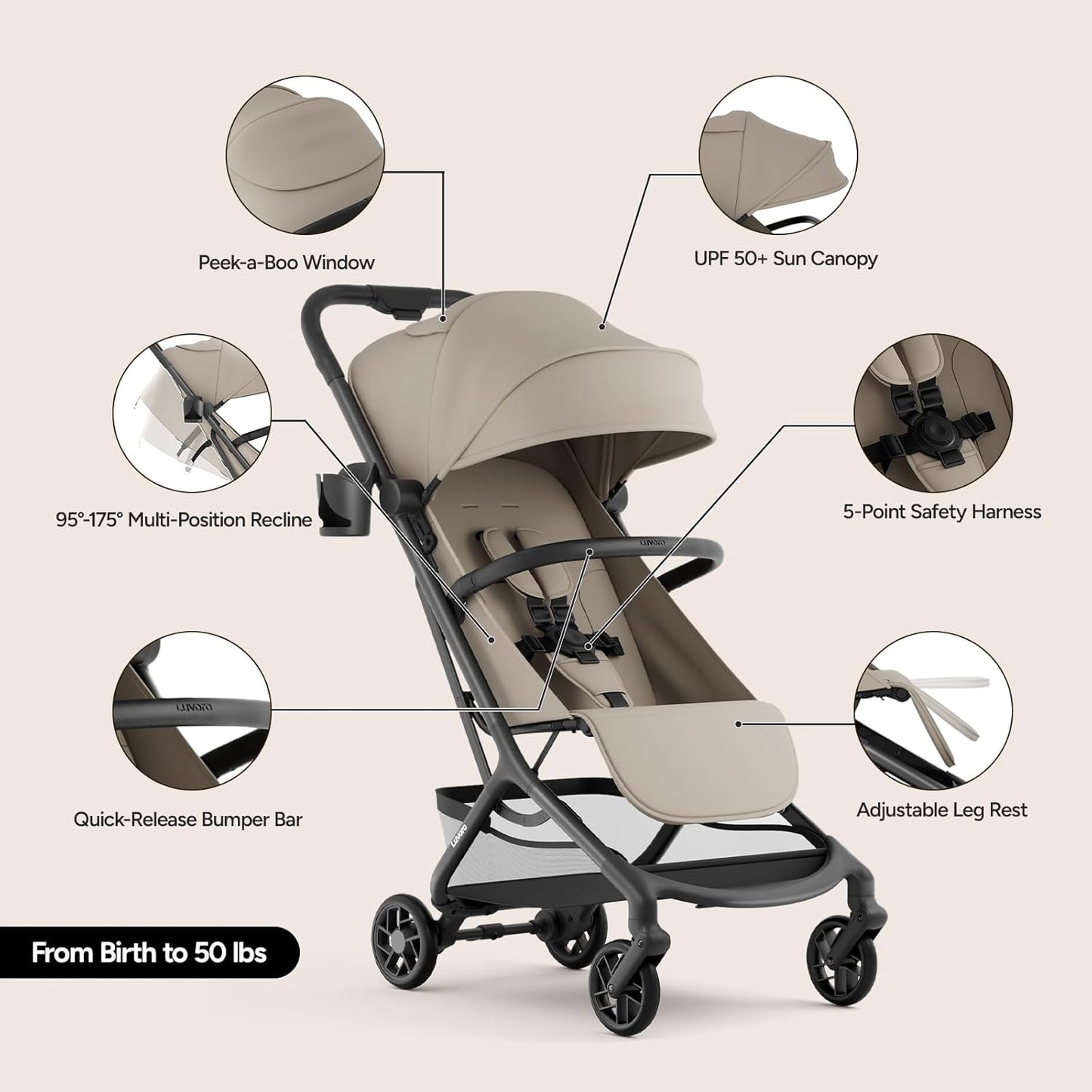 Neo Lightweight Travel Stroller with Snack Tray, Airplane-Friendly Compact Baby Stroller, One-Hand Fold Portable Stroller for Toddler 0-55lbs, Adjustable Recline Seat, UPF 50+ Canopy,Rain Cover