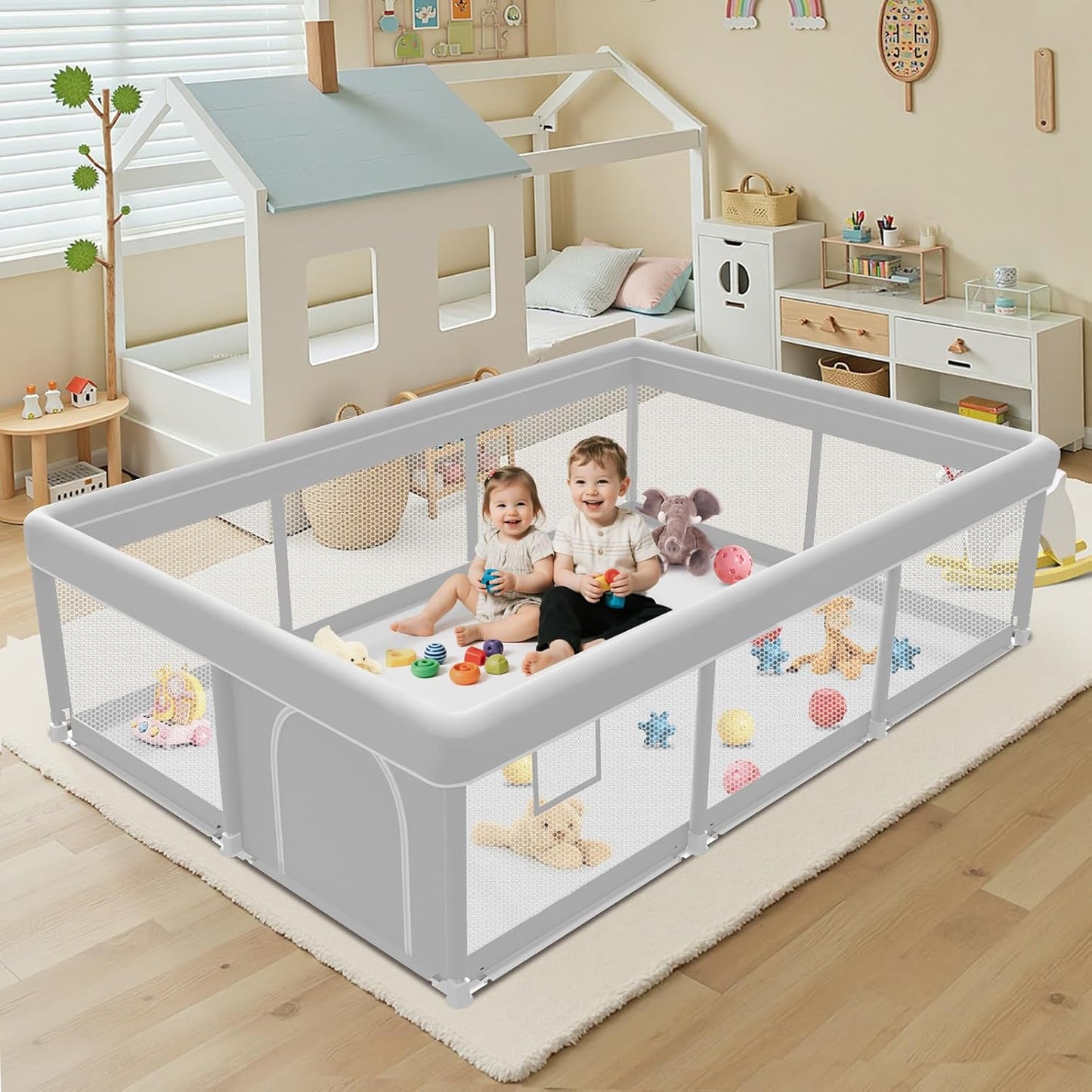 Baby Playpen with Mat, 50x50 Inch Playpen with Mat Waterproof for Babies and Toddlers Play Pen Playards Safety Gate Fence Active Center Indoor