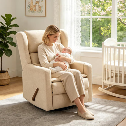 Power Recliner Chair Swivel Glider with Adjustable Headrest，Oversized Swivel Rocker Recliner with Lumbar Support, Upholstered Nursery Glider Recliner for Living Room,White