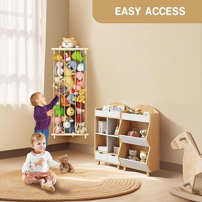 Stuffed Animal Storage Toy Organizer(Patented) - Large Corner Stuffed Animal Holder Length Adjustable - Wall Plush Storage for Nursery Playroom Bedroom Kids Room (Beige)
