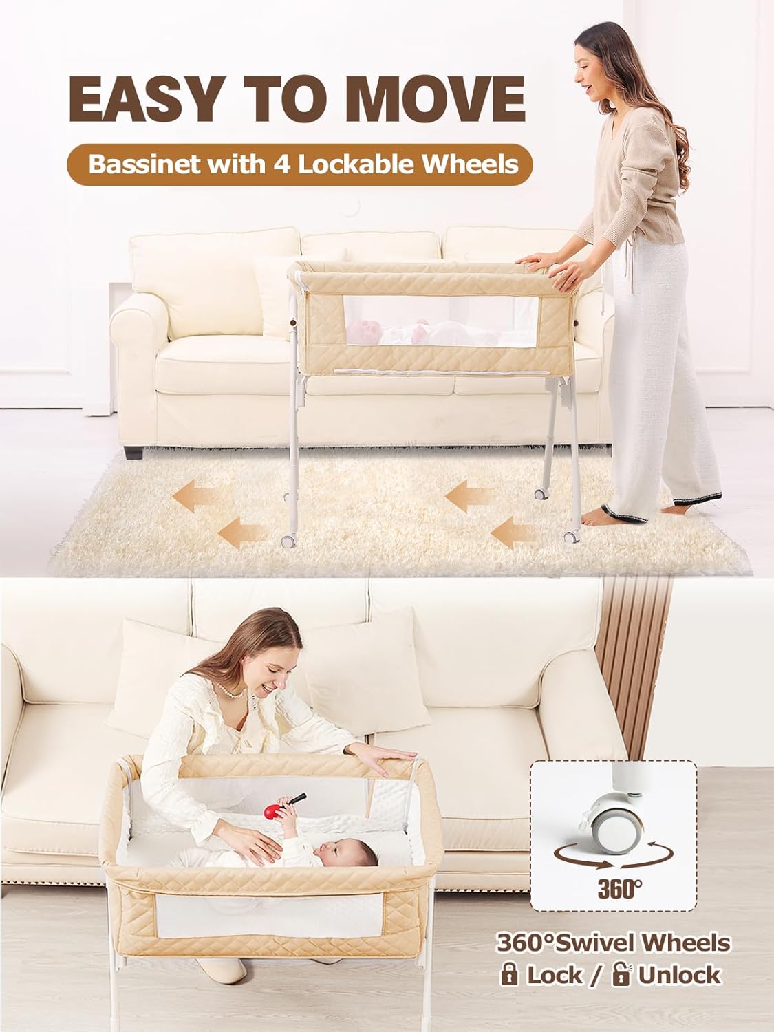 Baby Bassinet Bedside Sleeper - Upgrade Safety Bassinets with Crib Sheet, Easy to Move, 4 Adjustable Height Bedside Bassinet for Infant Newborn, Cream | More Safer, Easy Move, Storage Bag, Waterproof Sheet, Storage Bag, Easy to Install