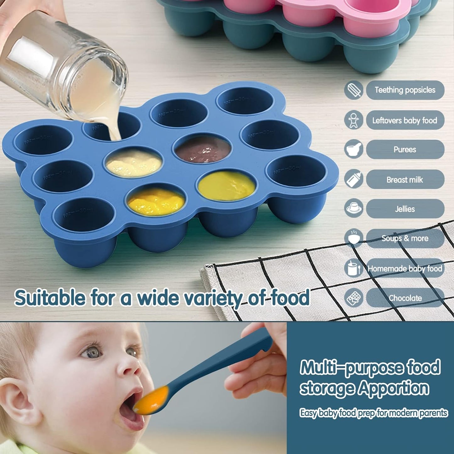 12x1.5oz Baby Food Storage Containers, Baby Food Freezer Tray with Clip Lid Gossamer Pink, Food Grade Silicone Freezer Trays for Purees & Vegetables
