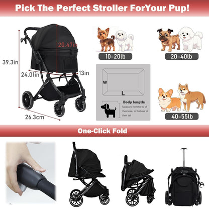 Small Dog Stroller, Pet Stroller for Small Dogs up to 55lbs- Fold All in One Without Detaching Carrier, Cat Stroller with Reversible Handle,Cup Holder (Khaki)