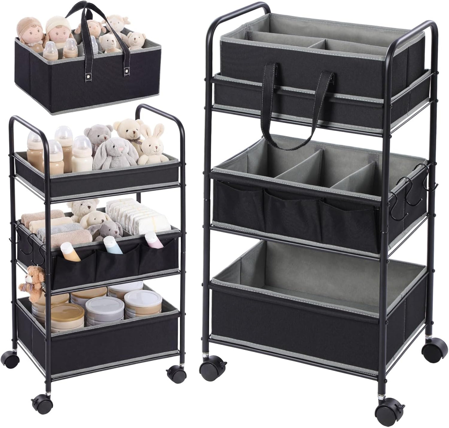 Honeydak 2in1 Baby Diaper Caddy Organizer Cart 3 Tier Large Capacity Metal Utility Bedside Rolling Cart with Divider Newborn Registry Nursery Essential Must Have Crib Bedroom Baby Shower(Green)