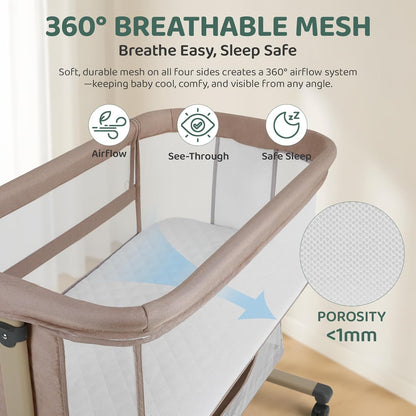 Cowiewie Bassinet Bedside Sleeper, Portable, Breathable, Adjustable Baby Bedside Bassinet for Peaceful Nights, Light Grey