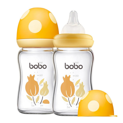YOHKOH Natural Glass Baby Bottle with Level 1 Slow Flow Nipple, Newborn Anti-Colic Baby Bottles, Wide Neck Mushroom Baby Glass Bottle (Multicolour-A, 3.4oz (Pack of 4))
