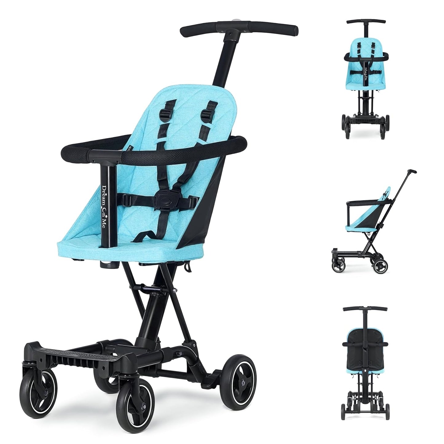 Dream On Me Coast Rider Travel Stroller, Lightweight & Compact Baby Stroller, Theme Park Approved, Book-Folding Design, Adjustable Handle, Soft-Ride Wheels, Converts to Rider & Scooter - Black