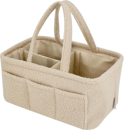 Baby Diaper Caddy Organizer – Soft Beige Sherpa with 3 Removable Compartments & 6 Side Pockets – Perfect Nursery Storage Bin & Car Organizer for Diapers, Baby Wipes, and Essential Supplies.