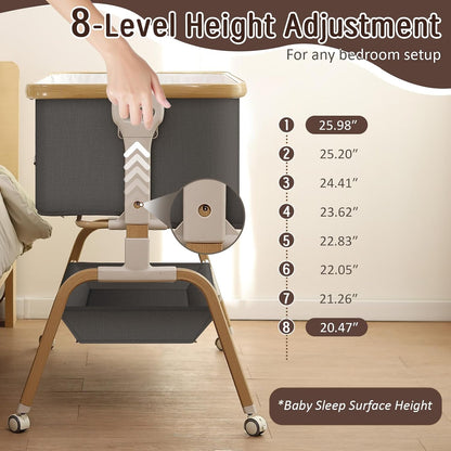 Rocking Baby Bassinet Bedside Sleeper, Detachable Portable Bassinet & Adjustable Crib with 8 Heights, Breathable Mesh, Storage Basket & Mobile Toy for Newborns to Toddlers(Oatmeal)