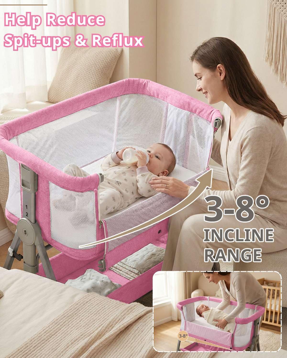 Bedside Bassinet for Baby, Sturdy 3 in 1 Bedside Sleeper with Mattress & Wheels, Height Adjustable, Breathable Mesh, Storage Basket, Easy to Assemble for Newborn, Grey