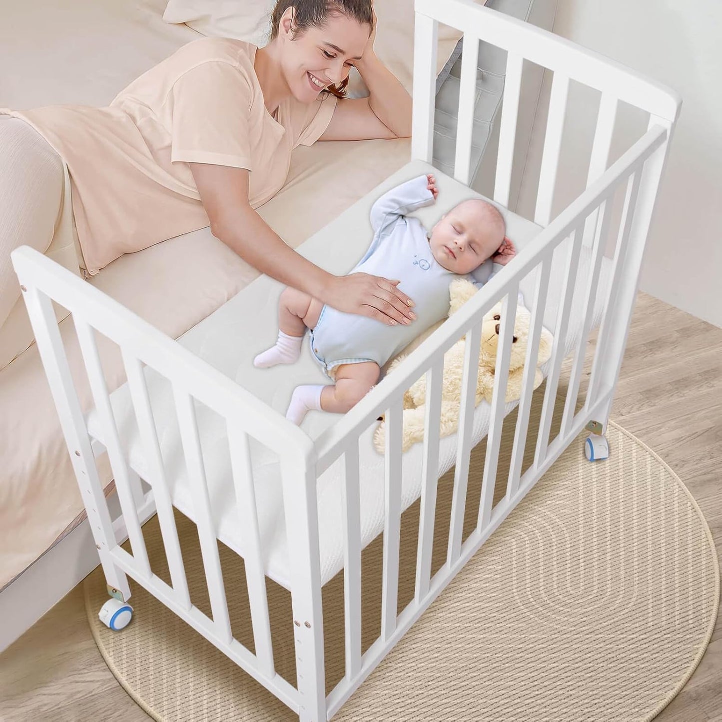Flwrgirl Baby Bassinets Bedside Sleeper - Portable Pine Wood Bedside Bassinet with Mattress,3 Heights Small Mini Crib,Baby Crib for Newborns,Unpainted | Pine Wood Bassinet, Mattress Included, 3-IN-1 Convertible, Adjustable Height, Locking Wheels, Portalbe