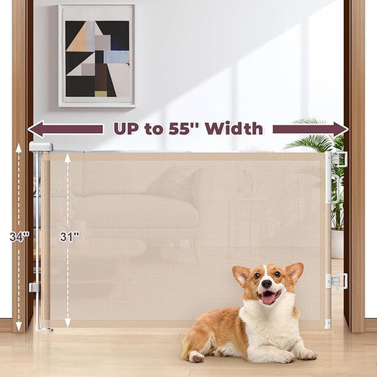 Retractable Baby Gate for Stairs, 55" Wide Mesh Dog Gate Indoor, 34" Tall Child Gate for Doorways, Hallways, Deck, Indoor Outdoor Pet Baby Safety Essentials for Home, Beige