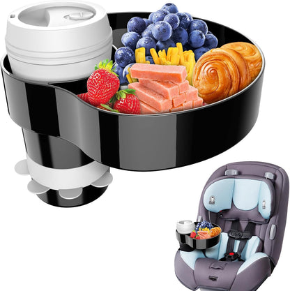 Kids Car Seat Tray, Travel Tray with Cup Holder for Toddler, Baby Car Seat Food Snack Organizer for Road Trip, Stroller snack tray travel must haves (Black 2 Packs)