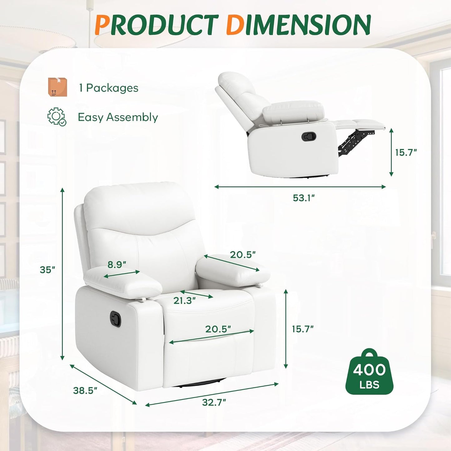 Nursery Glider Recliner with Adjustable Armrests, Oversized Comfortable Nursing Chair for Breastfeeding Moms, 360°Swivel, 90°-160° Recline, Quiet Rocking Chair Nursery for Living Room, White
