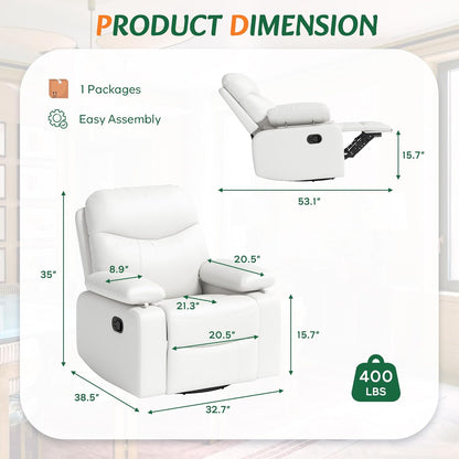 Nursery Glider Recliner with Adjustable Armrests, Oversized Comfortable Nursing Chair for Breastfeeding Moms, 360°Swivel, 90°-160° Recline, Quiet Rocking Chair Nursery for Living Room, White