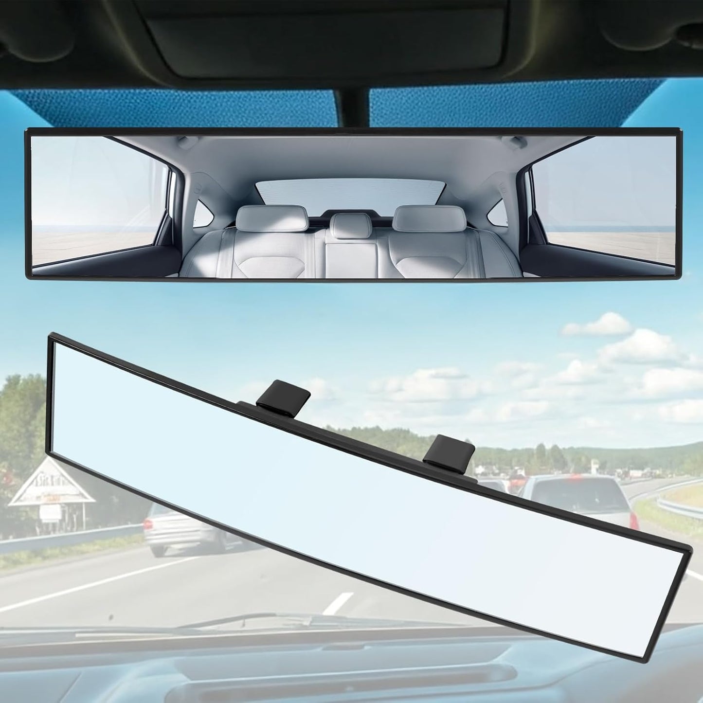 REGUICORP Rear View Mirror, 12 Inch Universal Wide Angle Rear View Mirror Accessories Panoramic Convex Clip-on for Cars, SUVs, Trucks, Vehicles