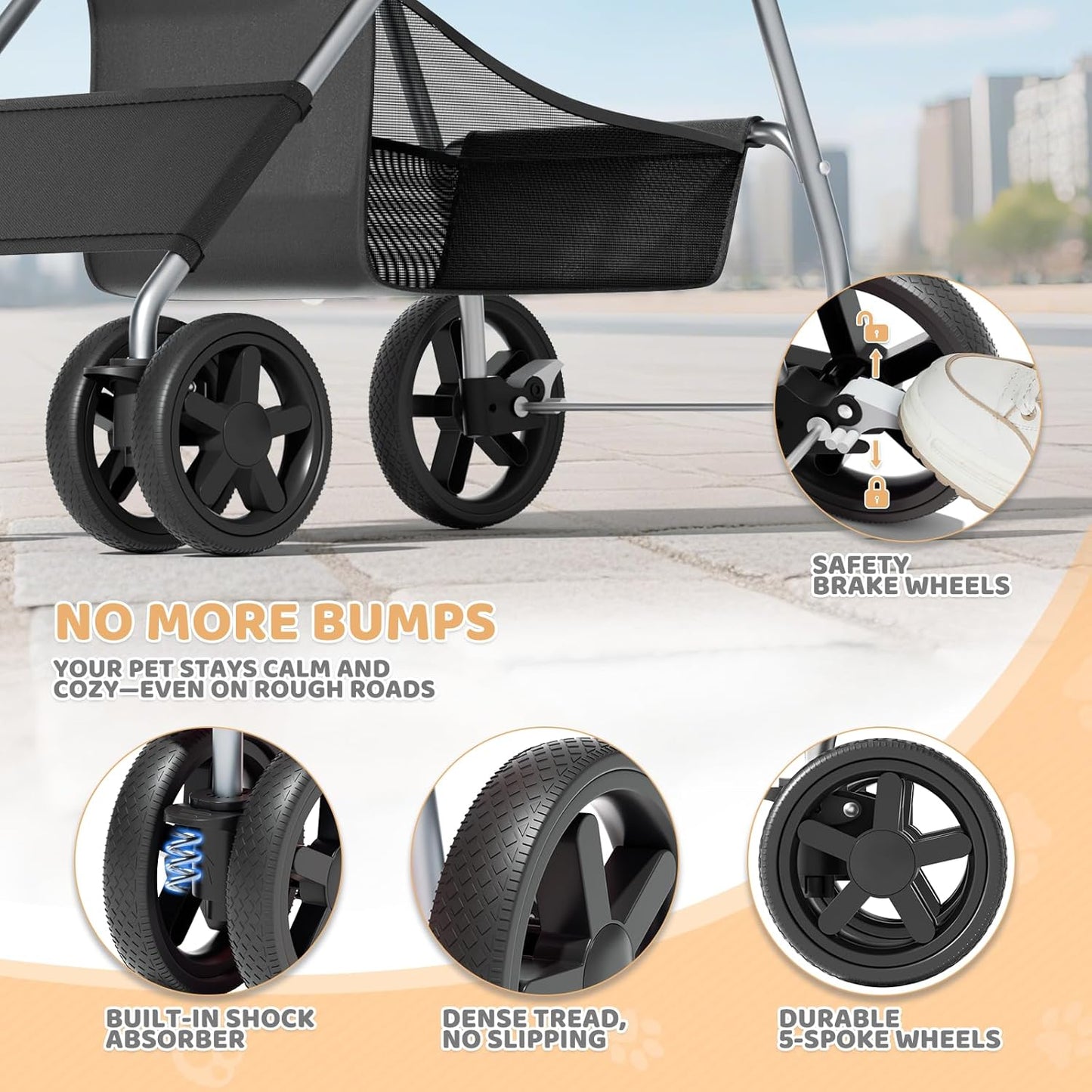 Magshion Compact Pet Stroller for Small-Medium Dogs/Cats up to 22lbs, 4-Wheel Lightweight Umbrella Shaped Portable Puppy Travel Jogger with Breathable Mesh, Cup Holder & Rear Storage, Black