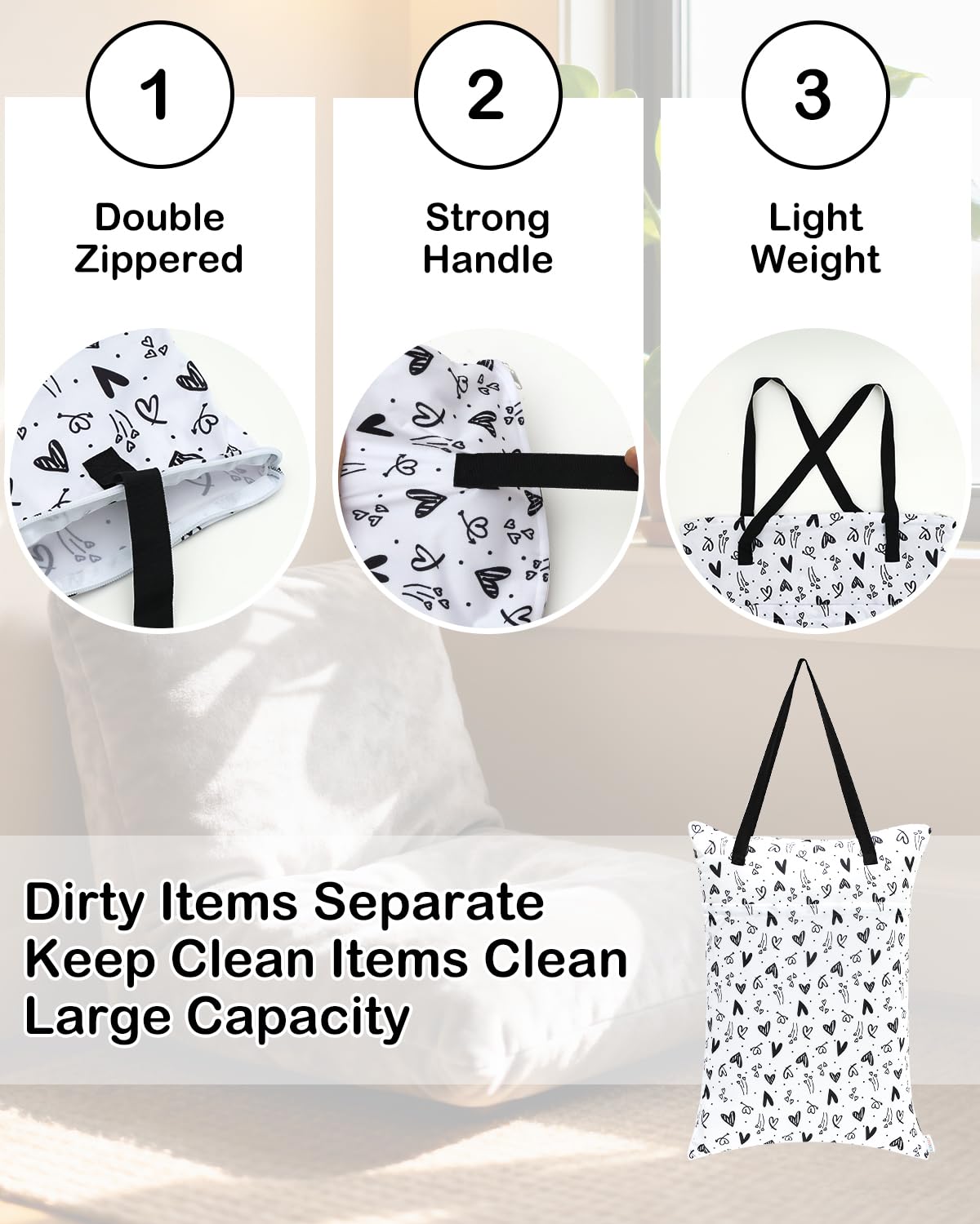ALVABABY 2 Pack Large Wet Dry Bag Waterproof Hanging Cloth Diaper with Double Zippered Pockets 25x18 inches (Feather & Stripe)