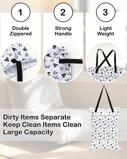 ALVABABY 2 Pack Large Wet Dry Bag Waterproof Hanging Cloth Diaper with Double Zippered Pockets 25x18 inches (Feather & Stripe)