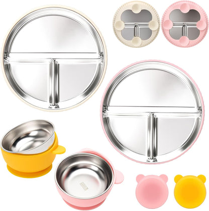MISSLILI Stainless Steel Baby Plate and Bowls with Suction, Divided Kids Baby Plate and Toddler Bowl with Removable Silicone Suction, Non-Slip Baby Feeding Set Dishwasher Safe，4 Packs