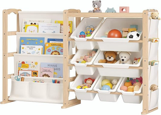 Fodoss Book Shelf for Kids Rooms - Toy Storage Organizer with Bookshelf, Solid Wood Kids Bookshelf with 7 Bins, Side Storage Pockets, Large Toy Organization for Nursery, Natural Pine