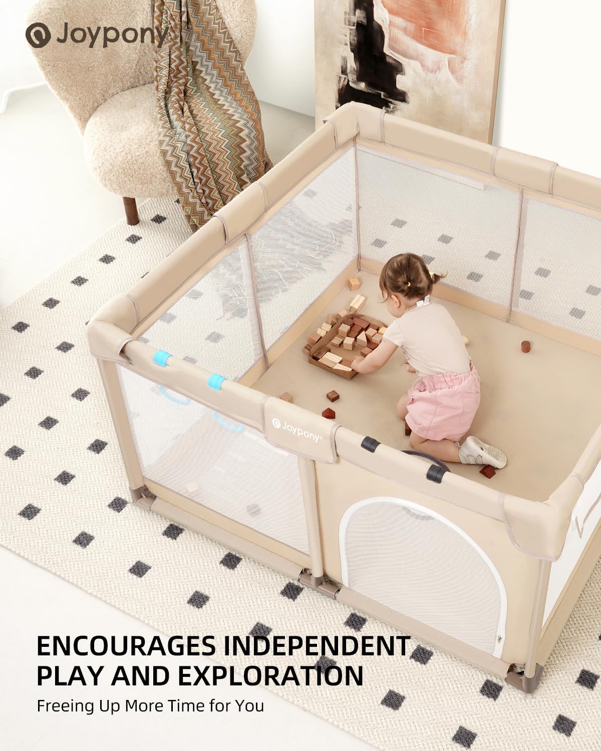 Joypony Baby Playpen with Mat, 50x50 in Small Play Pen for Babies, Toddler Playpen for Apartment, Indoors Play Yard with Soft Breathable Mesh (Beige with Mat)