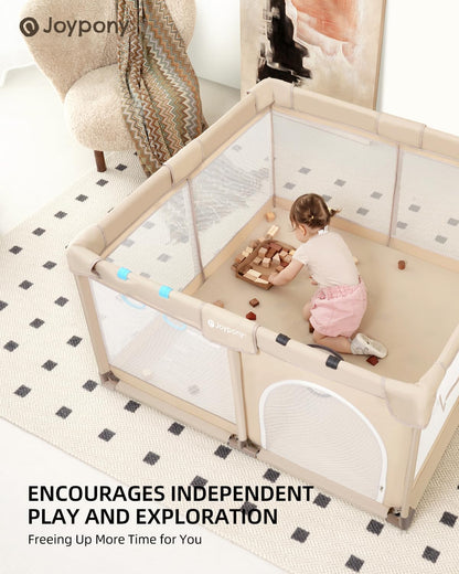 Joypony Baby Playpen with Mat, 50x50 in Small Play Pen for Babies, Toddler Playpen for Apartment, Indoors Play Yard with Soft Breathable Mesh (Beige with Mat)