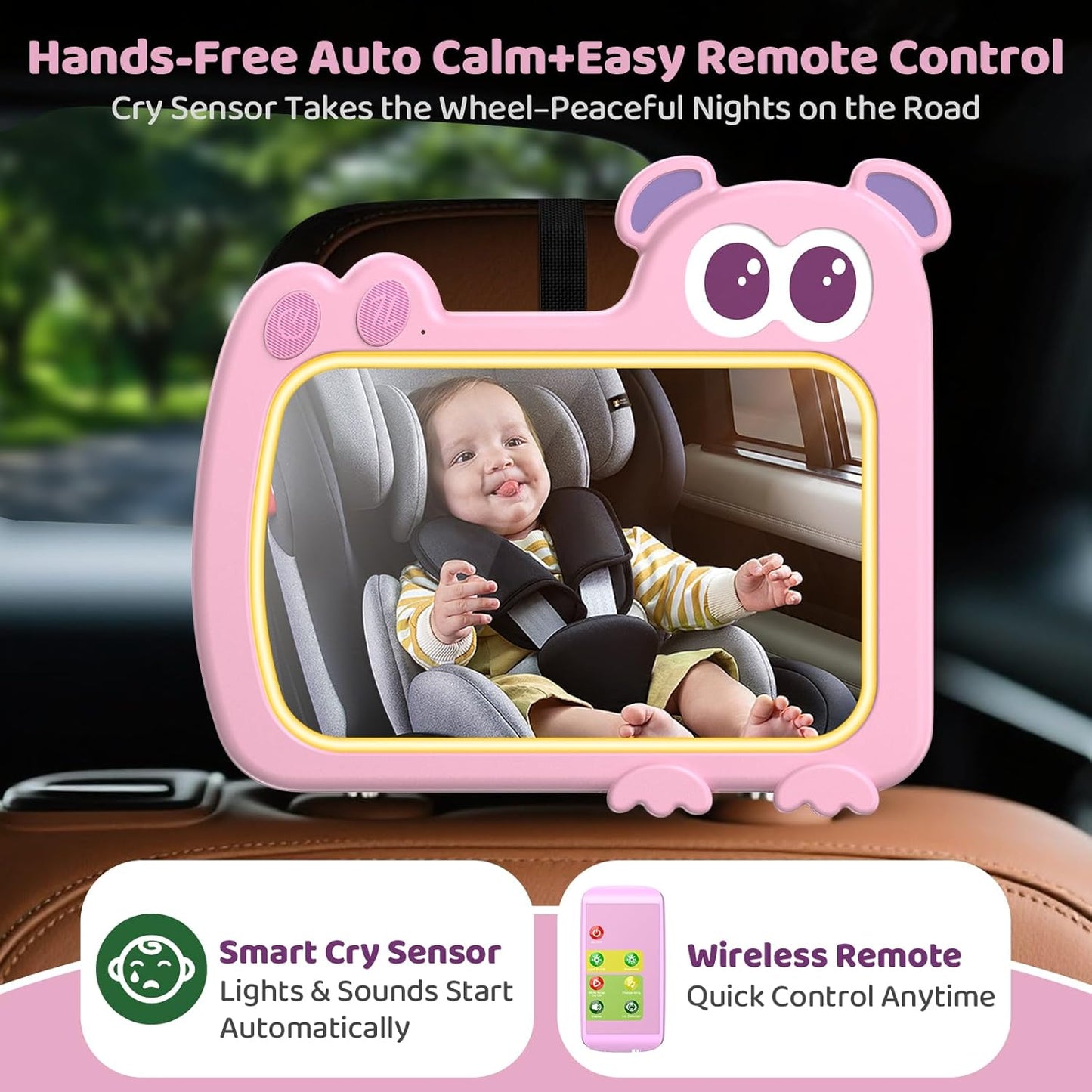 2-in-1 Baby Car Mirror with Lights & Soft Sounds, Cry Detector, Clear Night View, 360° Rotation, Shatterproof, Rear Facing Baby Car Seat Mirror with Remote Control, Perfect Baby Shower Gifts (Green)