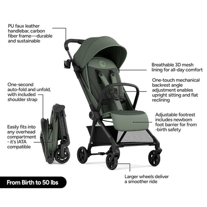 Mompush Nexis Carbon Travel Stroller, Ultra-Lightweight 11.5 lbs, Compact & Airplane Carry-On Approved, One-Second Auto-Fold, One-Hand Full Recline, from Birth to 50 lbs, JPMA Certified, Black