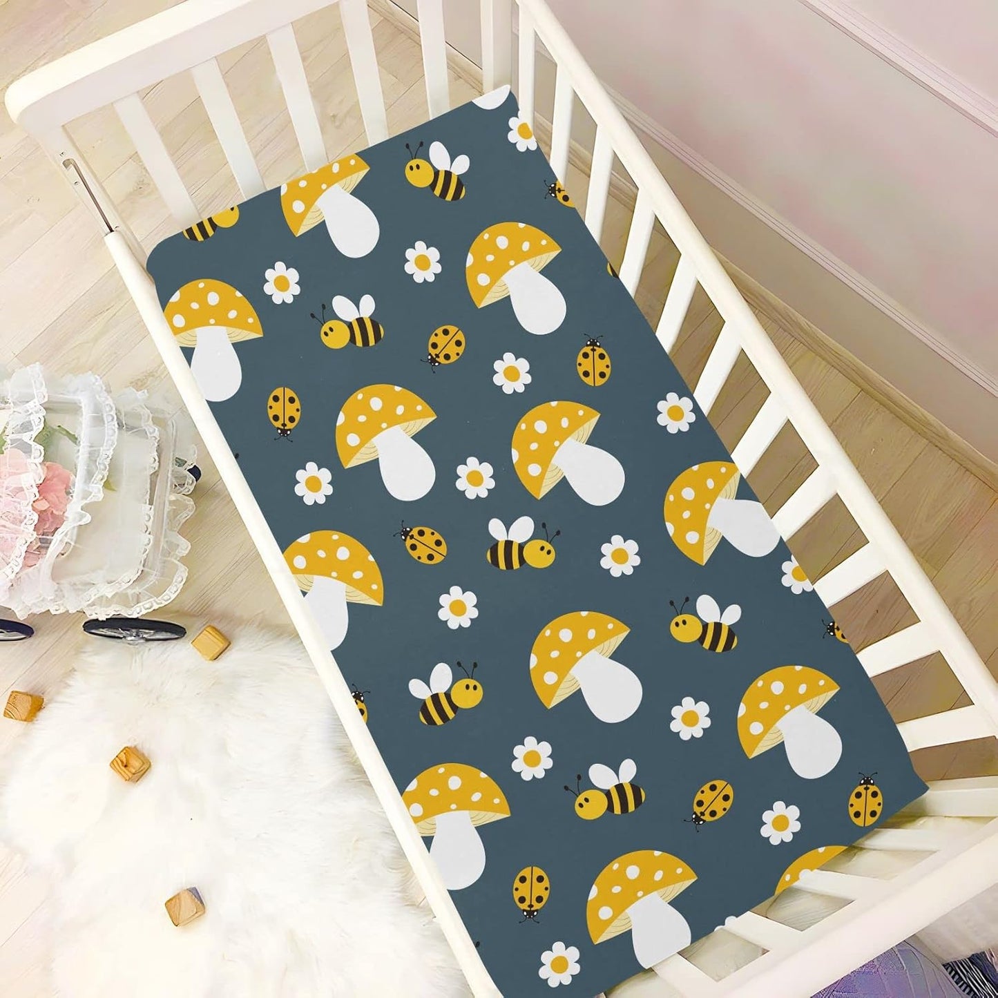 Fitted Crib Sheets White Bears with Clouds Stretchy Portable Playard Sheets for Baby Toddler, Breathable Soft Mini Crib Mattress 39 x 27 in for Boys and Girls